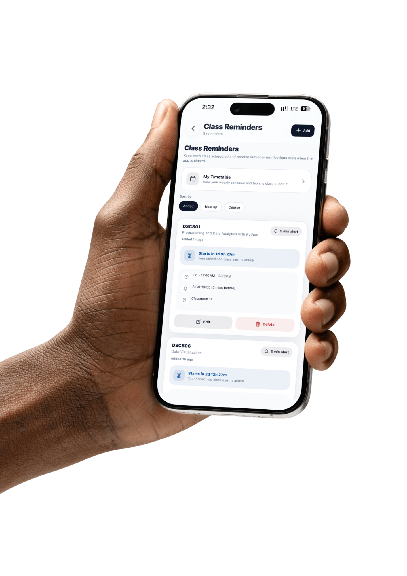 AUN360 Academics class reminders screen