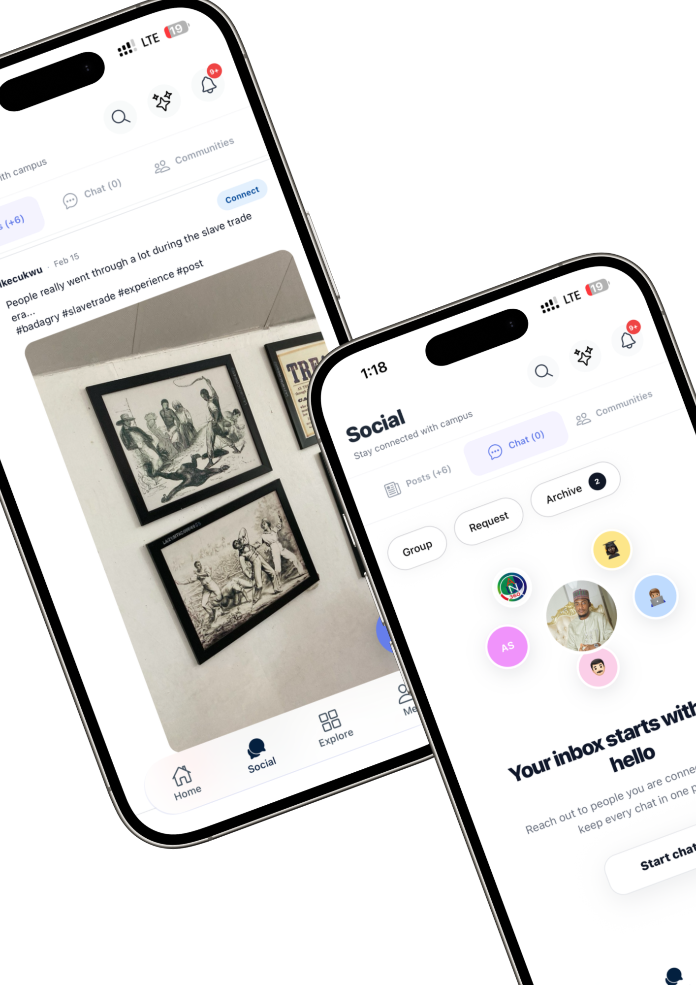 AUN360 360Connect social feed and inbox screens