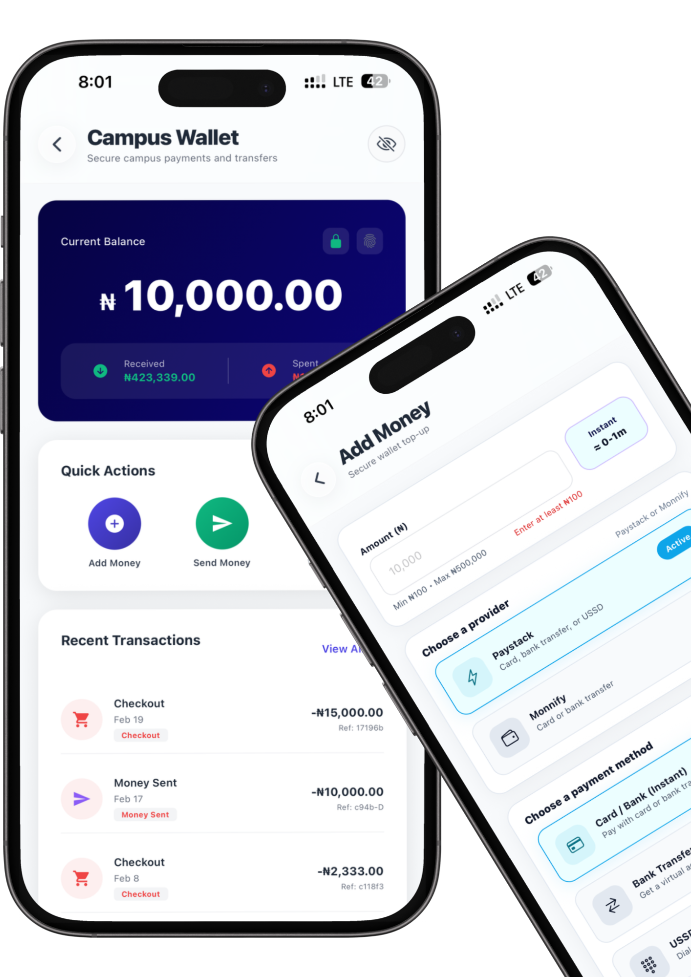 AUN360 Wallet balance and add money screens