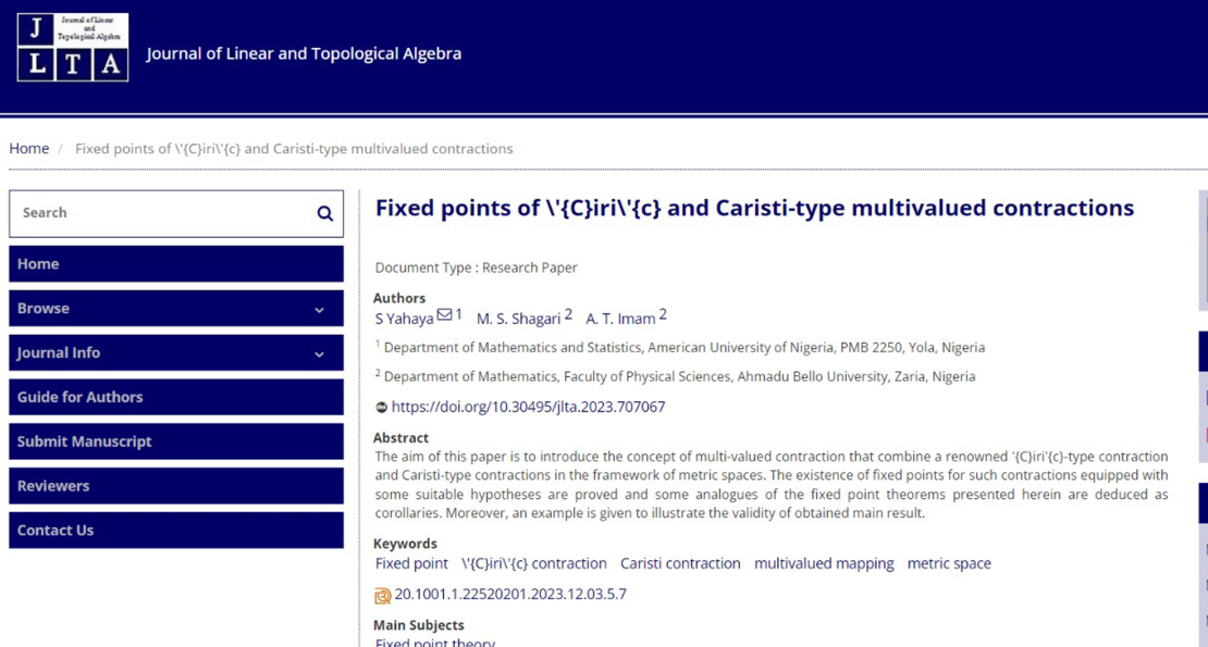 AUN Math Faculty Dr. Sirajo Yahaya, Others, Study Fixed Point of Multivalued Contractions in Metric Space    