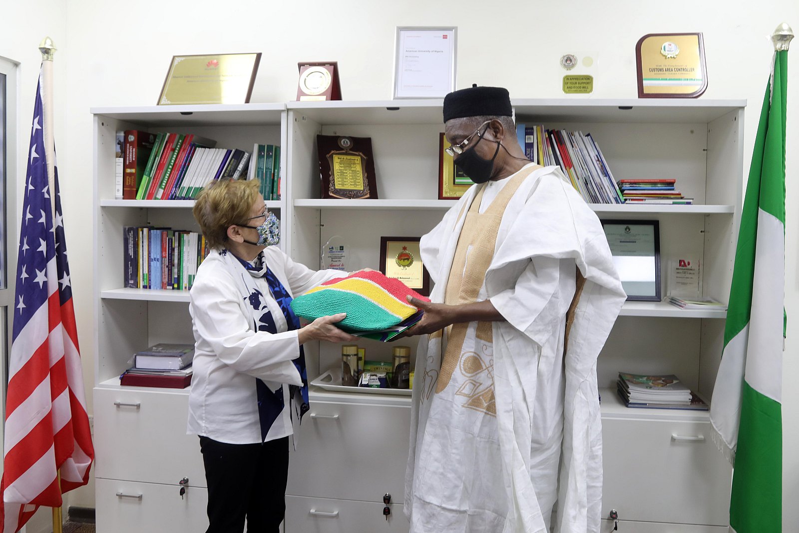 President Ensign with the secretary, Alhaji Khalill M. Kawu.

 - President Margee Ensign receives the Secretary to the Adamawa State Emirate Council, Alhaji Khalill M. Kawu, in her office.