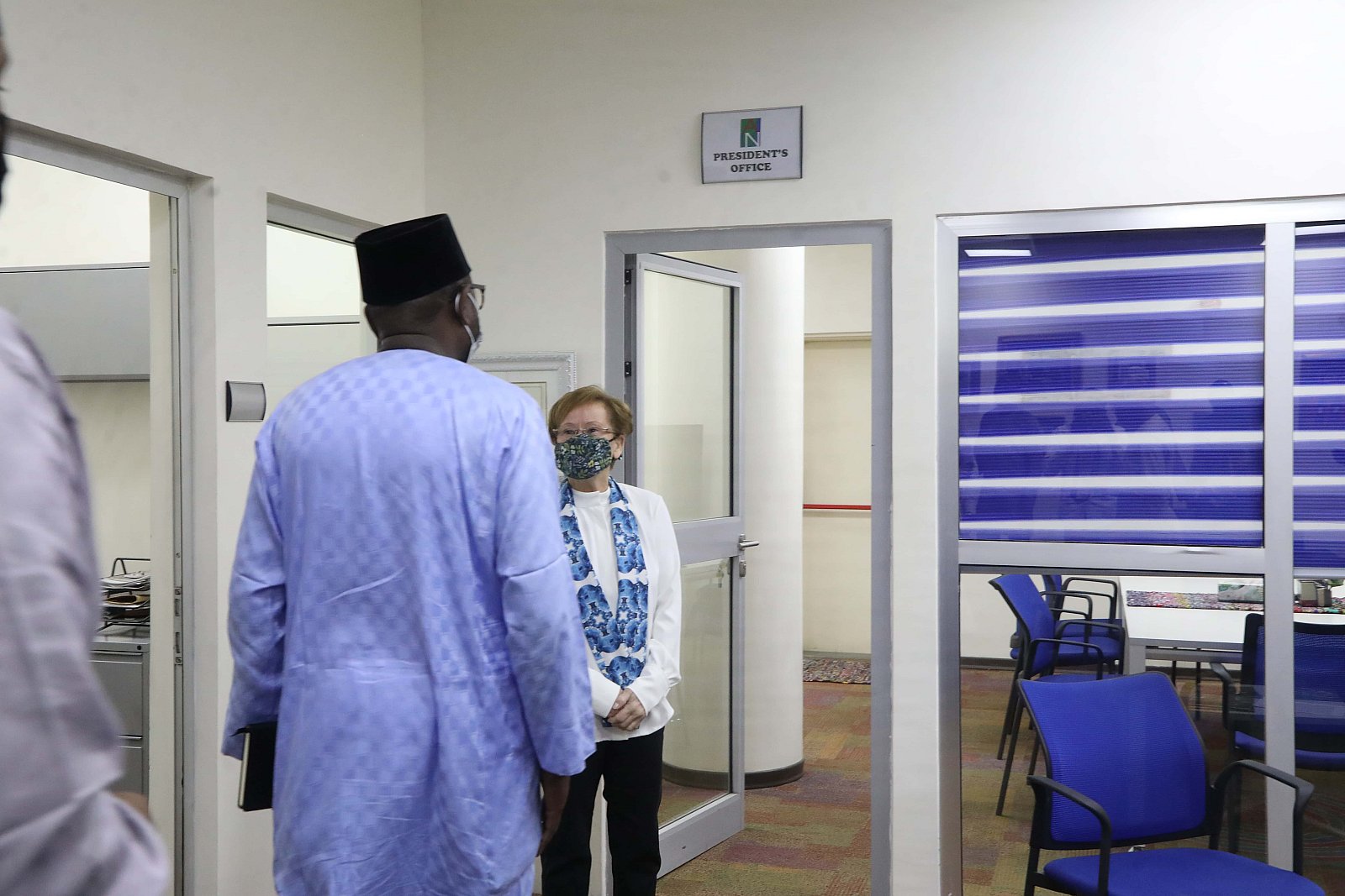 Dr. Umar Abubakar Hashindu, Managing Director, Yola Electricity Distribution during a courtesy visit to AUN, received by President Margee Ensign 