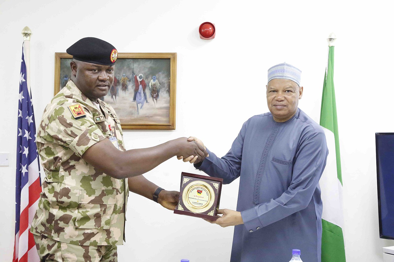 President Attahir Yusuf recieves Brigadier General MJ Gambo, Commander of the 23 Brigade of the Nigerian Army in Yola